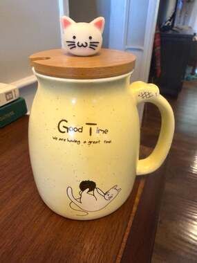Ceramic Cat Mug set with Wood Lid Fish Handle Yellow 14oz